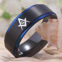 Black and Blue Masonic Couple Tungsten Wedding Band Ring for Men and Women