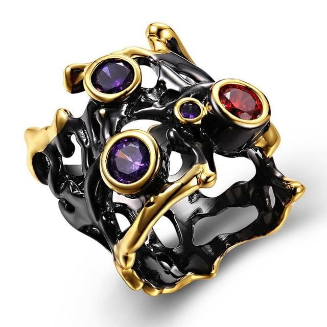 Purple Red Zirconia Gothic Black Gold Brushed Hollow Wedding Ring for Women