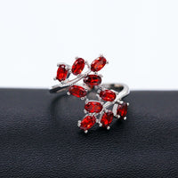 Red Diamond Simulant Tree Leaf Wedding Ring, 925 Sterling Silver Engagement Ring for Women