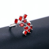 Red Diamond Simulant Tree Leaf Wedding Ring, 925 Sterling Silver Engagement Ring for Women
