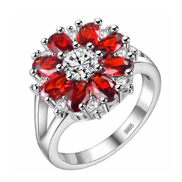 Red Zirconia Flower Design Diamond Wedding Ring, 925 Sterling Silver Engagement Ring for Women