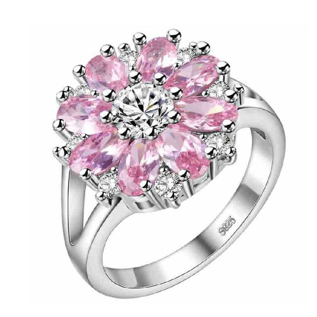 Pink Zirconia Flower Design Diamond Wedding Ring, 925 Sterling Silver Engagement Ring for Women