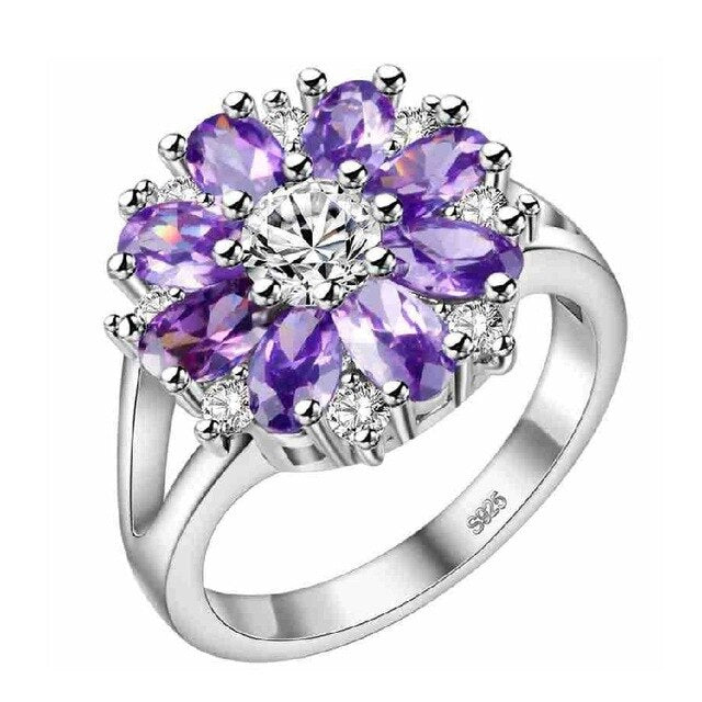 Purple Zirconia Flower Design Diamond Wedding Ring, 925 Sterling Silver Engagement Ring for Women