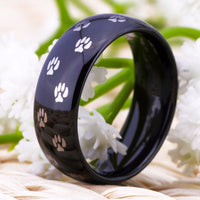 Black Dog Paw Print Couple Tungsten Wedding Band Ring for Men and Women