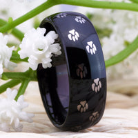 Black Dog Paw Print Couple Tungsten Wedding Band Ring for Men and Women