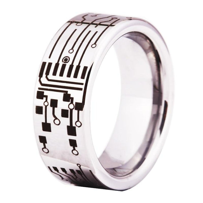 Silver Circuit Board Tungsten Wedding Band Ring for Men