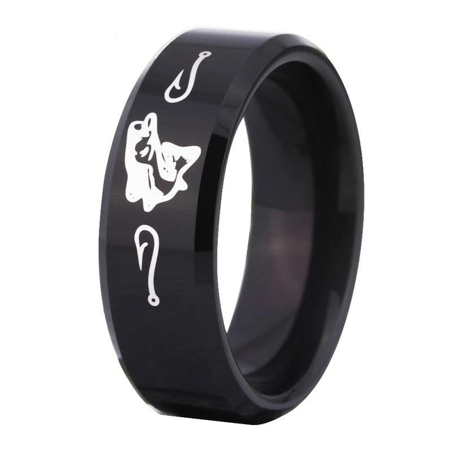 Black Fishing and Hooks Design Tungsten Wedding Band Ring for Men