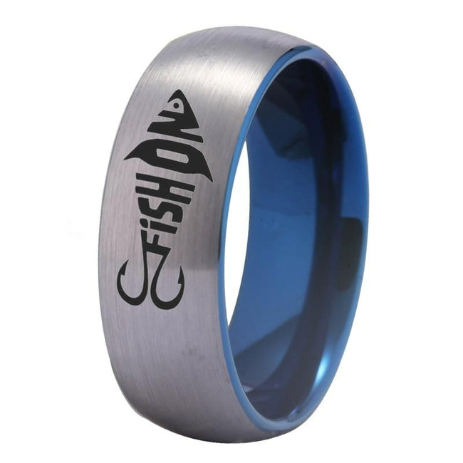 Blue Silver Fish and Hooks Design Tungsten Wedding Band Ring for Men