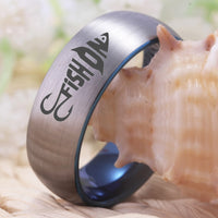Blue Silver Fish and Hooks Design Tungsten Wedding Band Ring for Men
