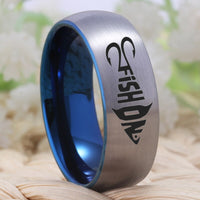 Blue Silver Fish and Hooks Design Tungsten Wedding Band Ring for Men