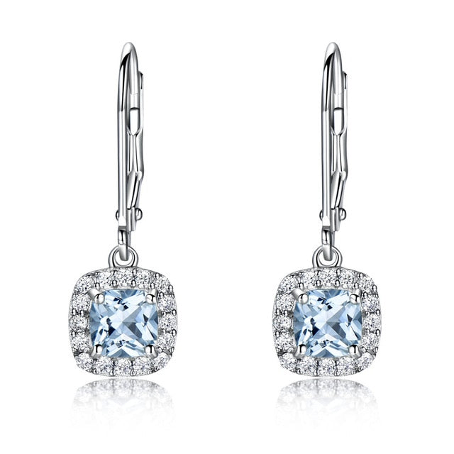 Square Cut Aquamarine Blue Topaz 925 Sterling Silver Dangle Earrings, Diamond Simulant Earrings for Women