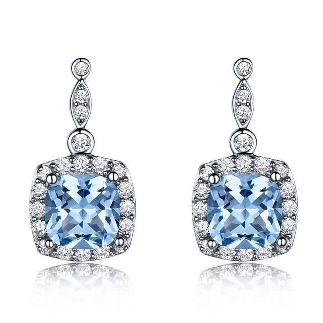 Square Cut Sky Blue Topaz 925 Sterling Silver Drop Earrings, Diamond Simulant Earrings for Women