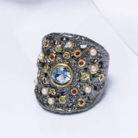 Infinity Stones White Pearls Black Gold Finish Ring for Women, Blue Red Green Diamond Simulant Gothic Ring