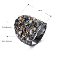 Infinity Stones White Pearls Black Gold Finish Ring for Women, Blue Red Green Diamond Simulant Gothic Ring