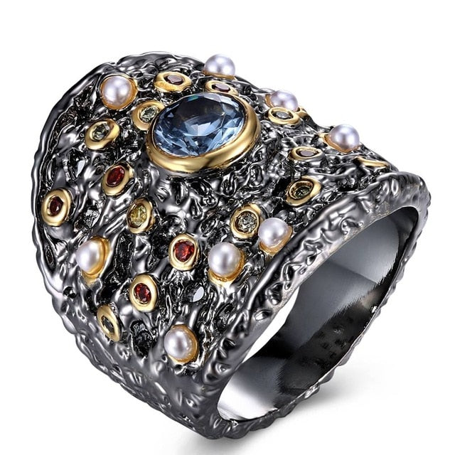 Infinity Stones White Pearls Black Gold Finish Ring for Women, Blue Red Green Diamond Simulant Gothic Ring