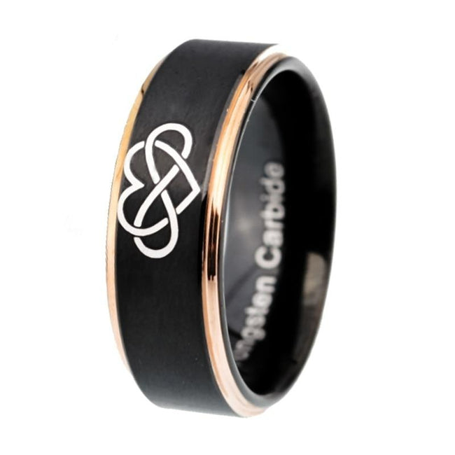 Black and Rose Gold Infinity Heart Tungsten Wedding Band Ring for Men