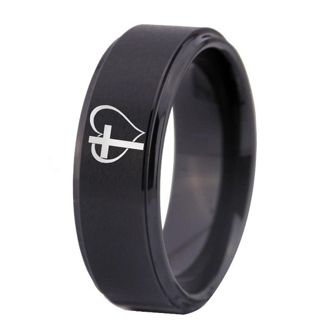 Black Cross Heart Tungsten Wedding Band Ring for Men