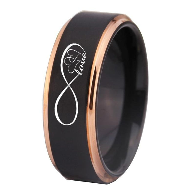 Black and Rose Gold Infinity Love Heart Tungsten Wedding Band Ring for Men