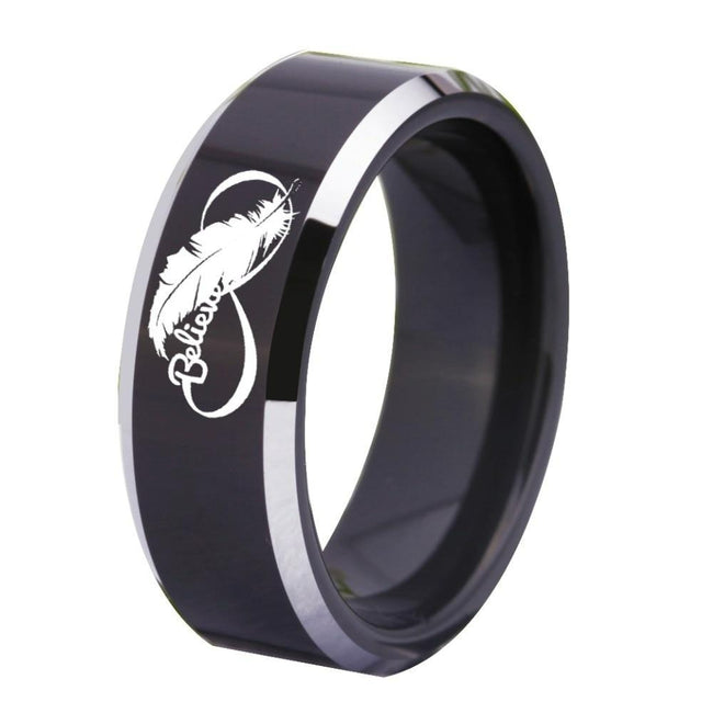 Black Infinity Believe Feather Design Tungsten Wedding Band Ring for Men