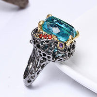 Blue Sparkling Square Zirconia Wedding Ring for Women, Black and Gold Color Red Diamond Simulant Ring