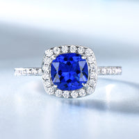 Cushion Cut Blue Sapphire Sterling Silver Ring, Cubic Zirconia Engagement Ring
