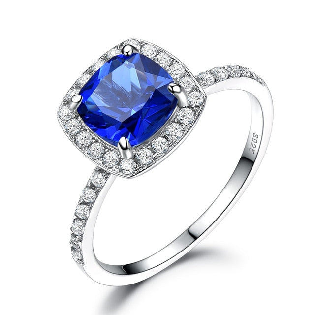 Cushion Cut Blue Sapphire Sterling Silver Ring, Cubic Zirconia Engagement Ring