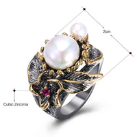 Pearl Flower Design Wedding Ring, Black and Gold Color Cocktail Ring for Women