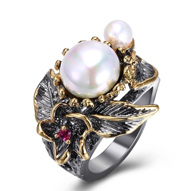 Pearl Flower Design Wedding Ring, Black and Gold Color Cocktail Ring for Women