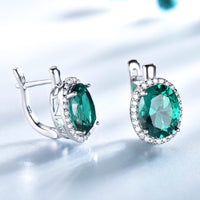 Oval Cut Emerald Sterling Silver Earrings, Diamond Simulant Earrings for Women
