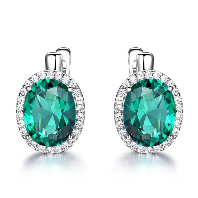 Oval Cut Emerald Sterling Silver Earrings, Diamond Simulant Earrings for Women