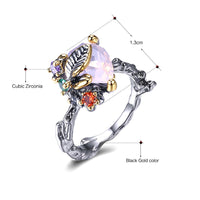 Triangle Cut Pink Zircon Leaf Design Ring for Women, Red Green Purple Diamond Black Finish Ring