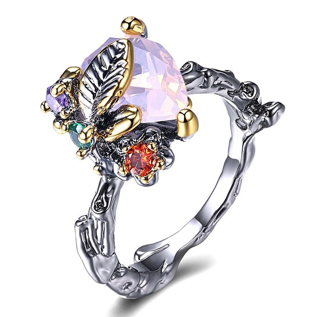 Triangle Cut Pink Zircon Leaf Design Ring for Women, Red Green Purple Diamond Black Finish Ring