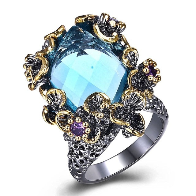 Purple Flower Design Blue Zirconia Women Ring