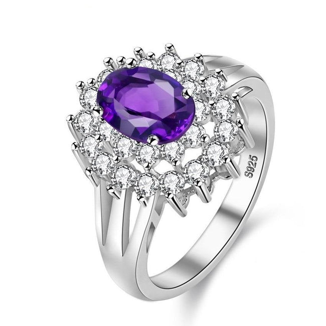 Purple Amethyst Blossom Flower Diamond Simulant Wedding Ring, 925 Sterling Silver Engagement Ring for Women