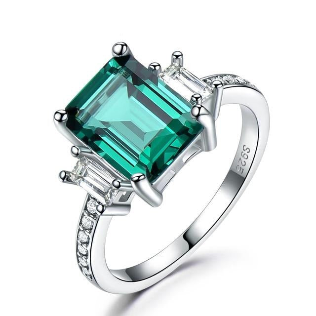 Rectangle Cut Emerald Sterling Silver Engagement Ring