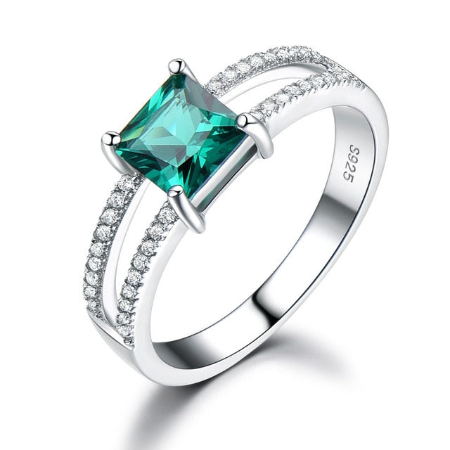 Emerald Halo Split Shank Cubic Zirconia 925 Sterling Silver Wedding Ring for Women