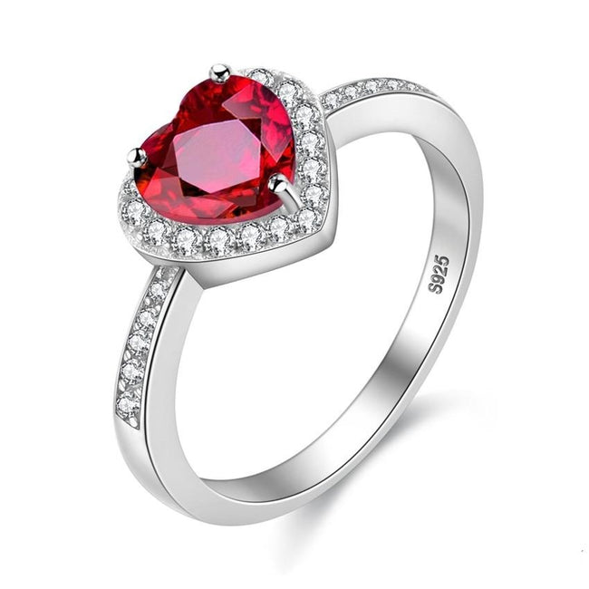 Red Heart Cut Garnet White CZ Halo Wedding Ring, 925 Sterling Silver Ladies Wedding Ring