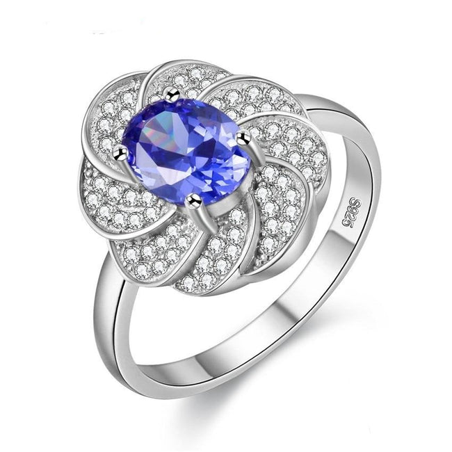 1.8 Ct Blue Sapphire Diamond Simulant Flower Design 925 Sterling Silver Engagement Ring for Women