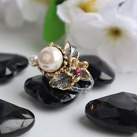 Pearl Flower Design Wedding Ring, Black and Gold Color Cocktail Ring for Women