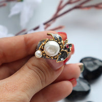 Pearl Flower Design Wedding Ring, Black and Gold Color Cocktail Ring for Women