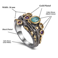 Blue Purple Champagne Zirconia Wedding Ring for Women, Black and Gold Plated Gothic Ring