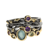 Blue Purple Champagne Zirconia Wedding Ring for Women, Black and Gold Plated Gothic Ring