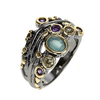 Blue Purple Champagne Zirconia Wedding Ring for Women, Black and Gold Plated Gothic Ring