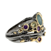 Blue Purple Champagne Zirconia Wedding Ring for Women, Black and Gold Plated Gothic Ring