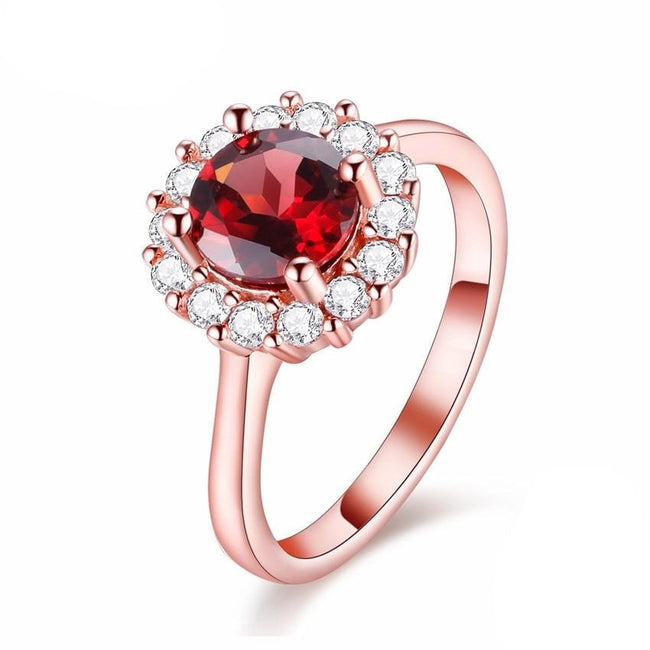 Red Garnet Diamond Simulant Wedding Ring, Rhinestone Rose Gold Color 925 Sterling Silver Engagement Ring for Women