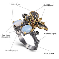 Opal CZ Gunmetal Butterfly Antique Wedding Ring, Gothic Style Vintage Ring for Women