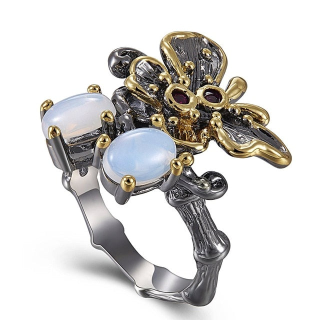 Opal CZ Gunmetal Butterfly Antique Wedding Ring, Gothic Style Vintage Ring for Women