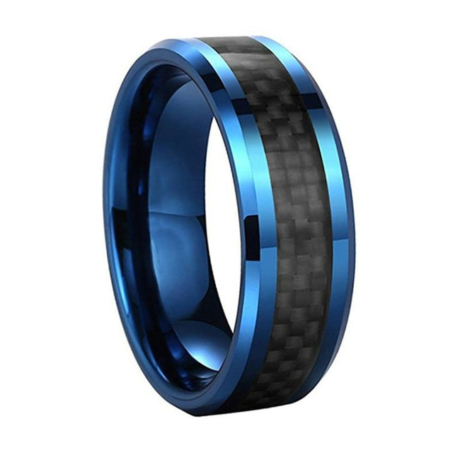 Blue with Black Fiber Inlay Tungsten Mens Wedding Band Ring