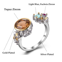 Brown Topaz Zircon Cocktail Ring for Women, Blue and Fuchsia Diamond Simulant Engagement Ring