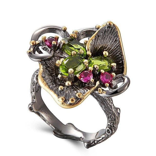 Women Vintage Pink Green Zirconia Flower Ring, Black and Gold Color Cocktail Ring